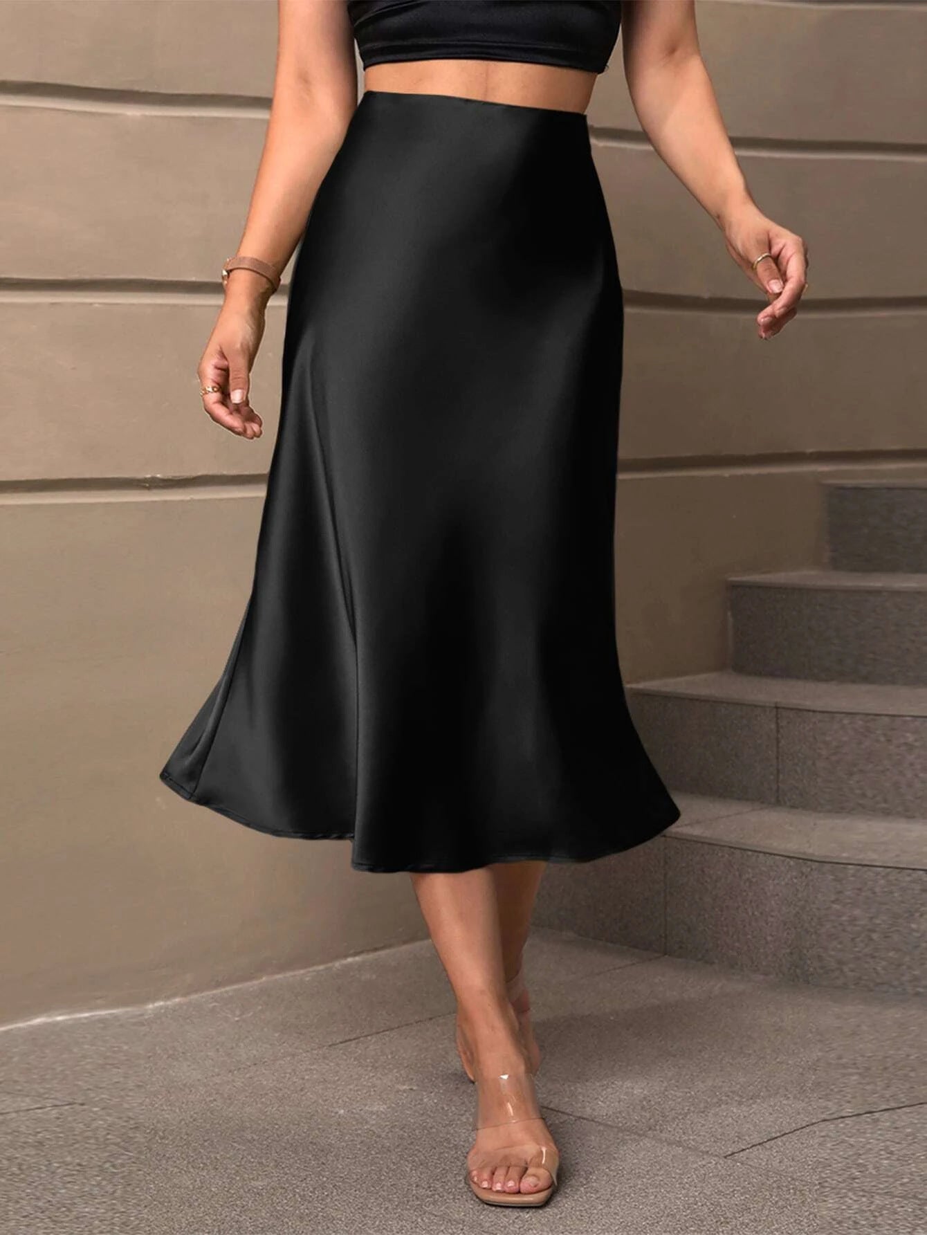 Solid Satin Mermaid Midi Skirt with Wrinkle-Resistant Finish