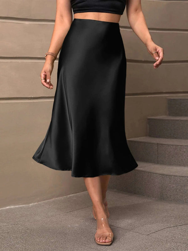 Solid Satin Mermaid Midi Skirt with Wrinkle-Resistant Finish