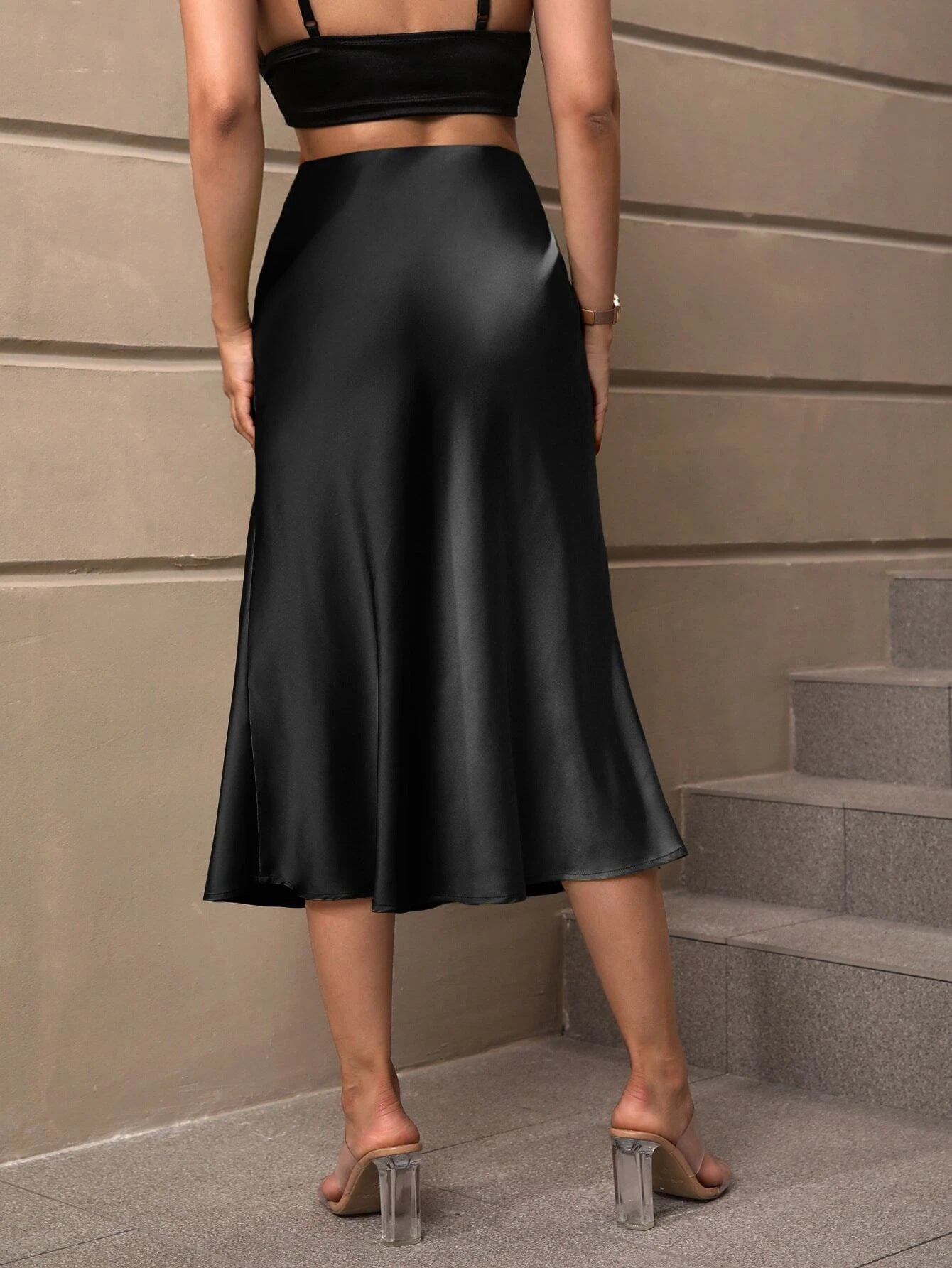 Solid Satin Mermaid Midi Skirt with Wrinkle-Resistant Finish