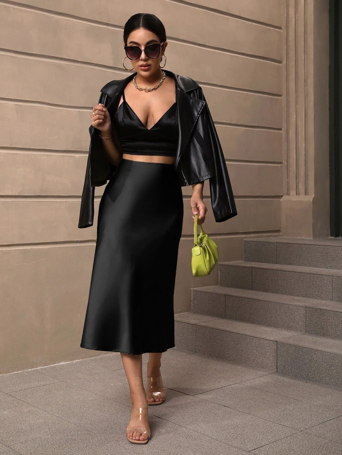 Solid Satin Mermaid Midi Skirt with Wrinkle-Resistant Finish