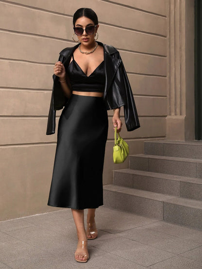 Solid Satin Mermaid Midi Skirt with Wrinkle-Resistant Finish