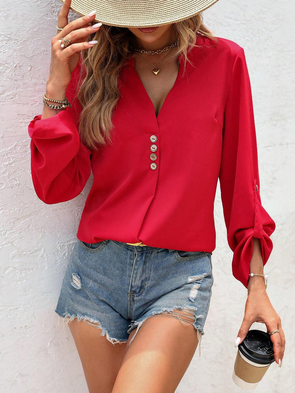Loose V-Neck Blouse with Button Detail and Roll-Tab Sleeves