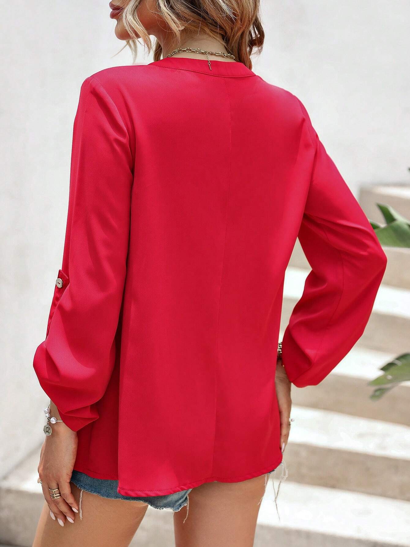 Loose V-Neck Blouse with Button Detail and Roll-Tab Sleeves