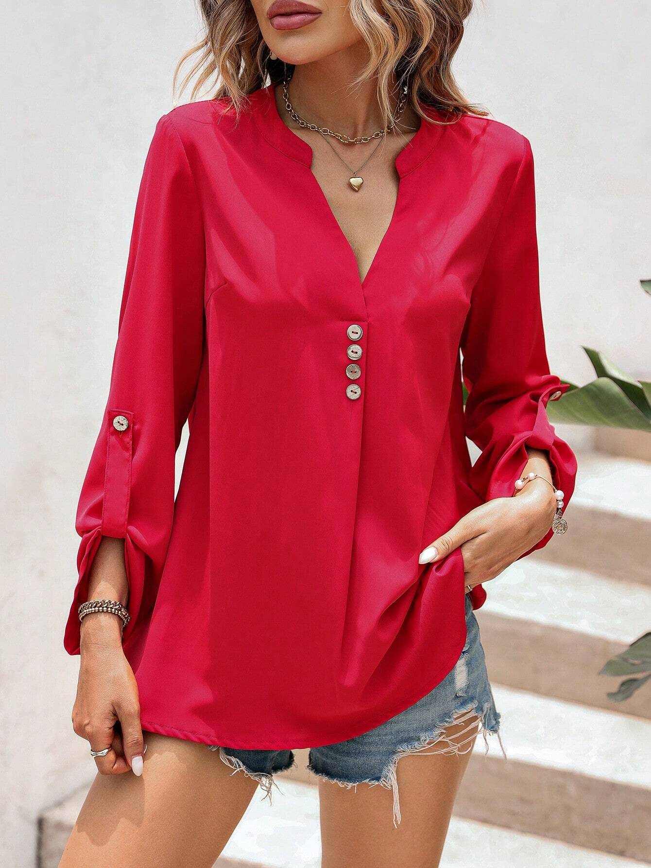 Loose V-Neck Blouse with Button Detail and Roll-Tab Sleeves