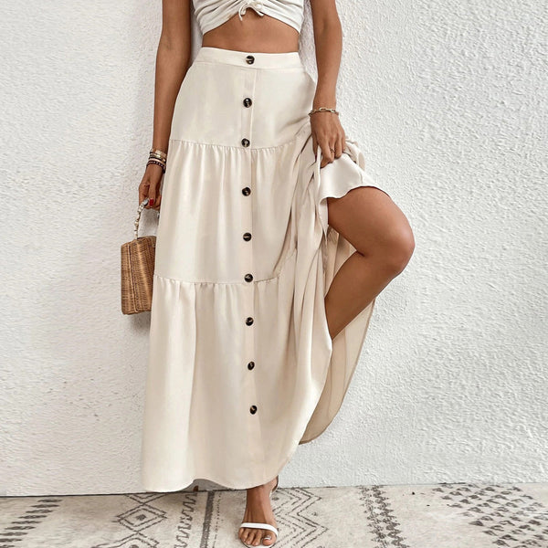 High-Waist Tiered Maxi Skirt with Button-Down Front