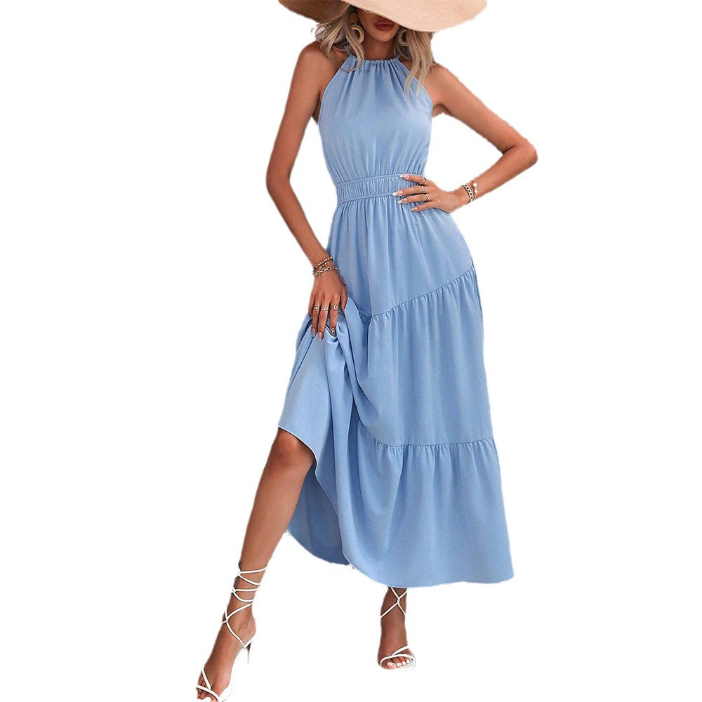 Solid Halter Neck Tiered Maxi Dress with High Waist