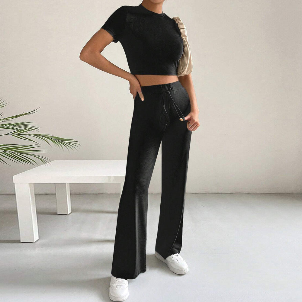 Ribbed Knit Two-Piece Set with Short Sleeve Crop Top and Wide-Leg Pants