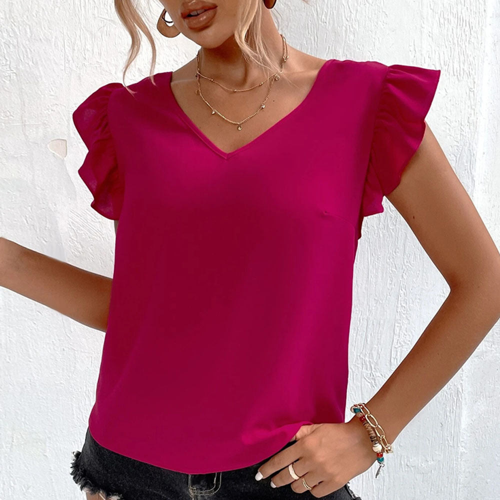 Loose V-Neck Top with Ruffle Sleeves and Tie Back