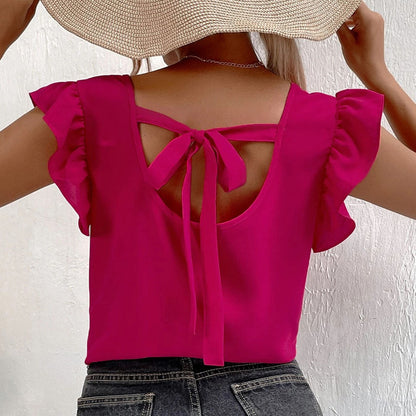 Loose V-Neck Top with Ruffle Sleeves and Tie Back