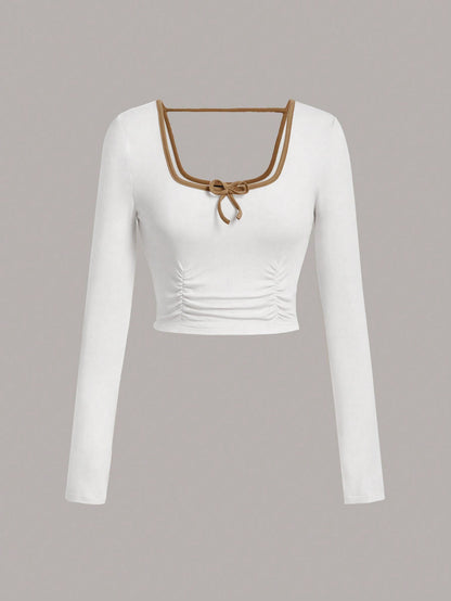 Ruched Long Sleeve Crop Top with Square Neck and Bow Detail