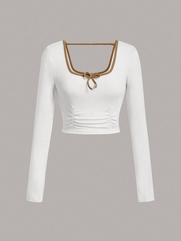 Ruched Long Sleeve Crop Top with Square Neck and Bow Detail