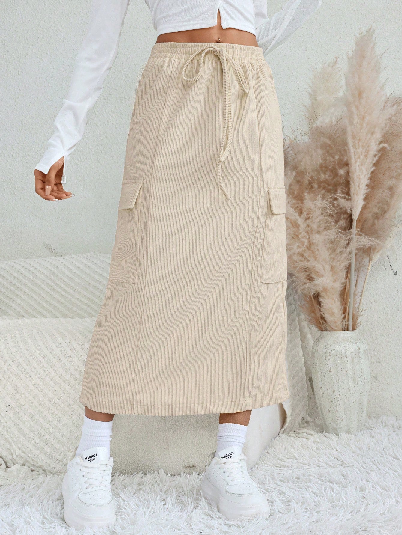 Corduroy Midi Skirt with Drawstring Waist and Cargo Pockets