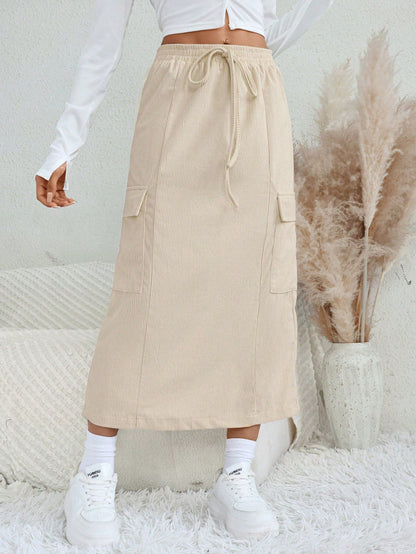 Corduroy Midi Skirt with Drawstring Waist and Cargo Pockets