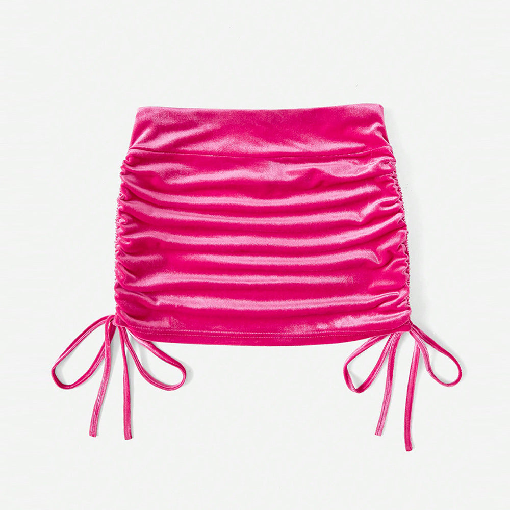 Ruched Velvet Bodycon Mini Skirt with Side Drawstrings
