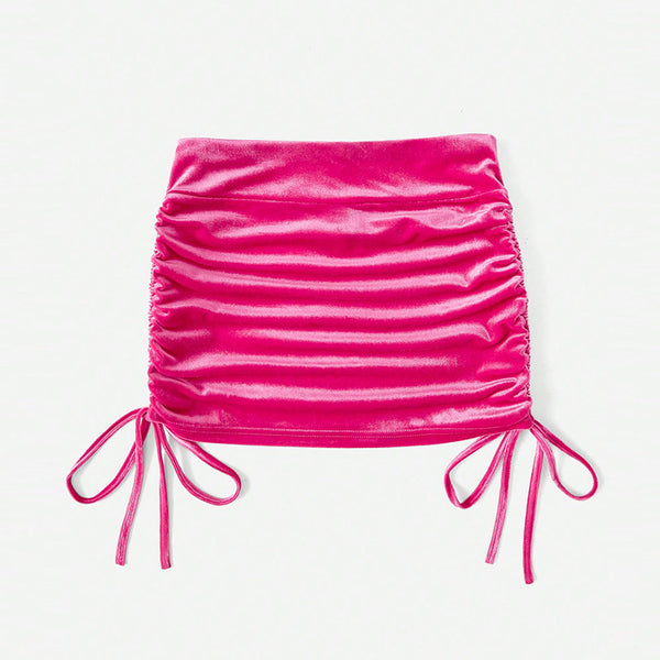Ruched Velvet Bodycon Mini Skirt with Side Drawstrings