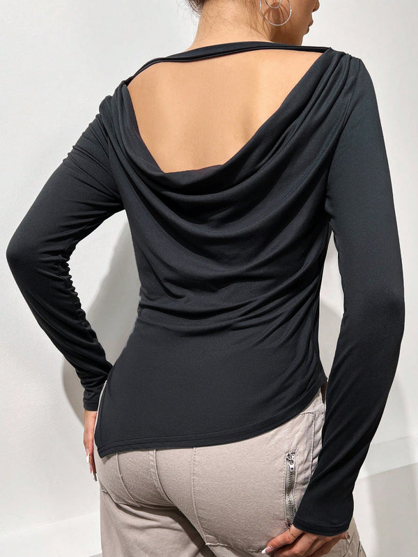 Solid Long Sleeve Top with Draped Cowl Back and Asymmetrical Hem