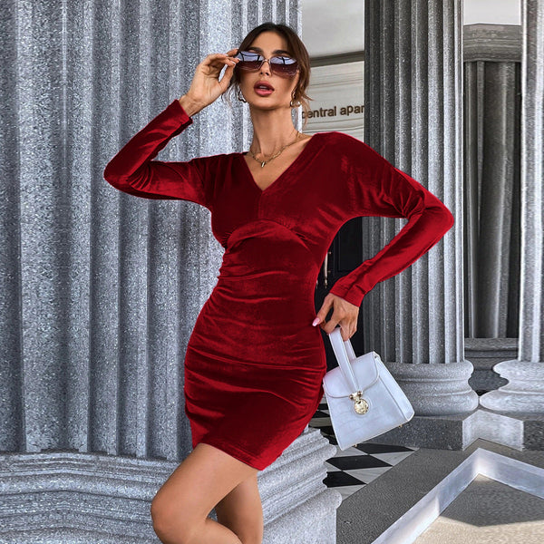 Bodycon Velvet Mini Dress with V-Neck and Long Sleeves