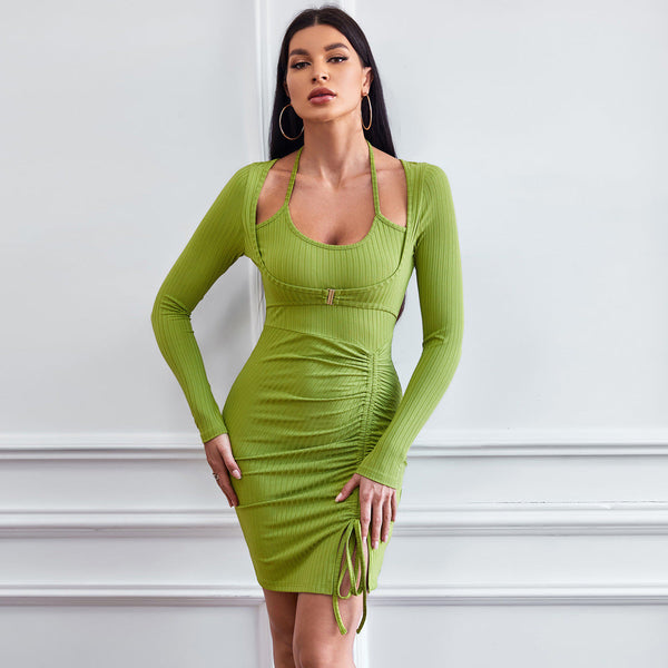 Ribbed Bodycon Mini Dress with U-Neck and Ruched Drawstring
