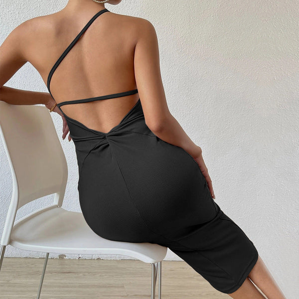 One-Shoulder Ribbed Bodycon Midi Dress with Backless Detail