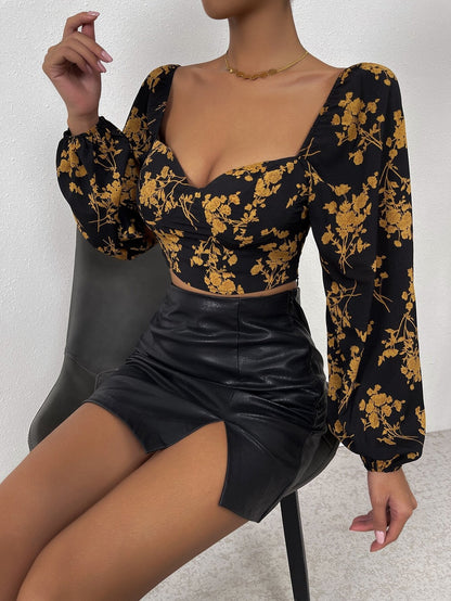 Floral Print Crop Top with Square Neck and Bubble Sleeves