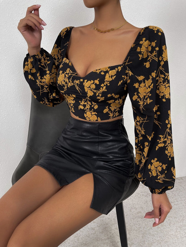 Floral Print Crop Top with Square Neck and Bubble Sleeves