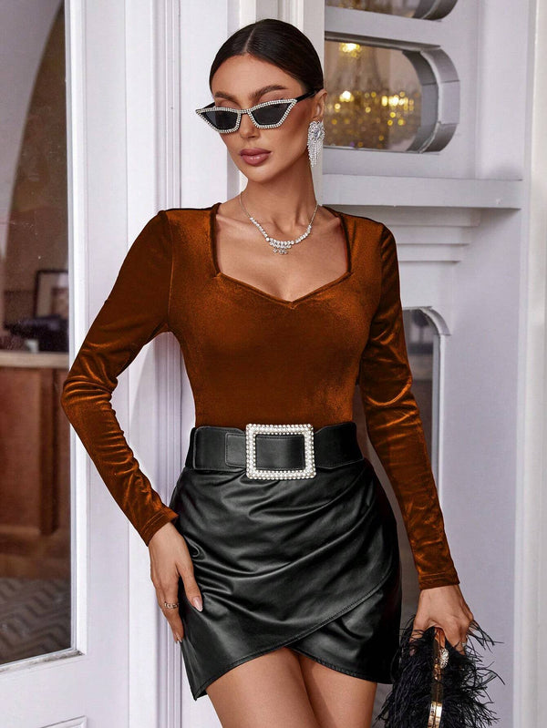 Slim Fit Long-Sleeve Velvet Top with Heart Neckline