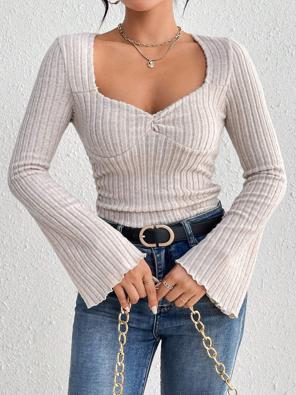 Ribbed Slim Fit Top with Square Neck and Bell Sleeves