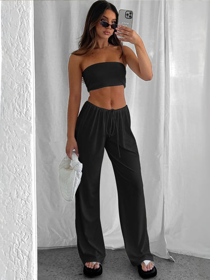 Strapless Tube Top and Wide-Leg Drawstring Pants Set