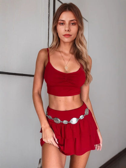 Solid Two-Piece Set with Ruched Cami Top and Tiered Mini Skirt