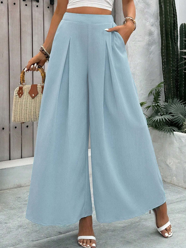 High-Waist Wide-Leg Pants with Pleated Front and Pockets