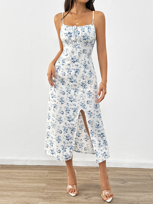 Floral A-Line Midi Dress with Tie-Front and Front Slit