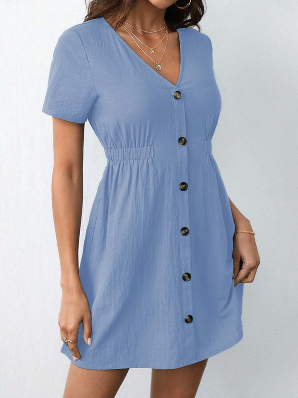 Short-Sleeve A-Line Mini Dress with V-Neck and Buttons