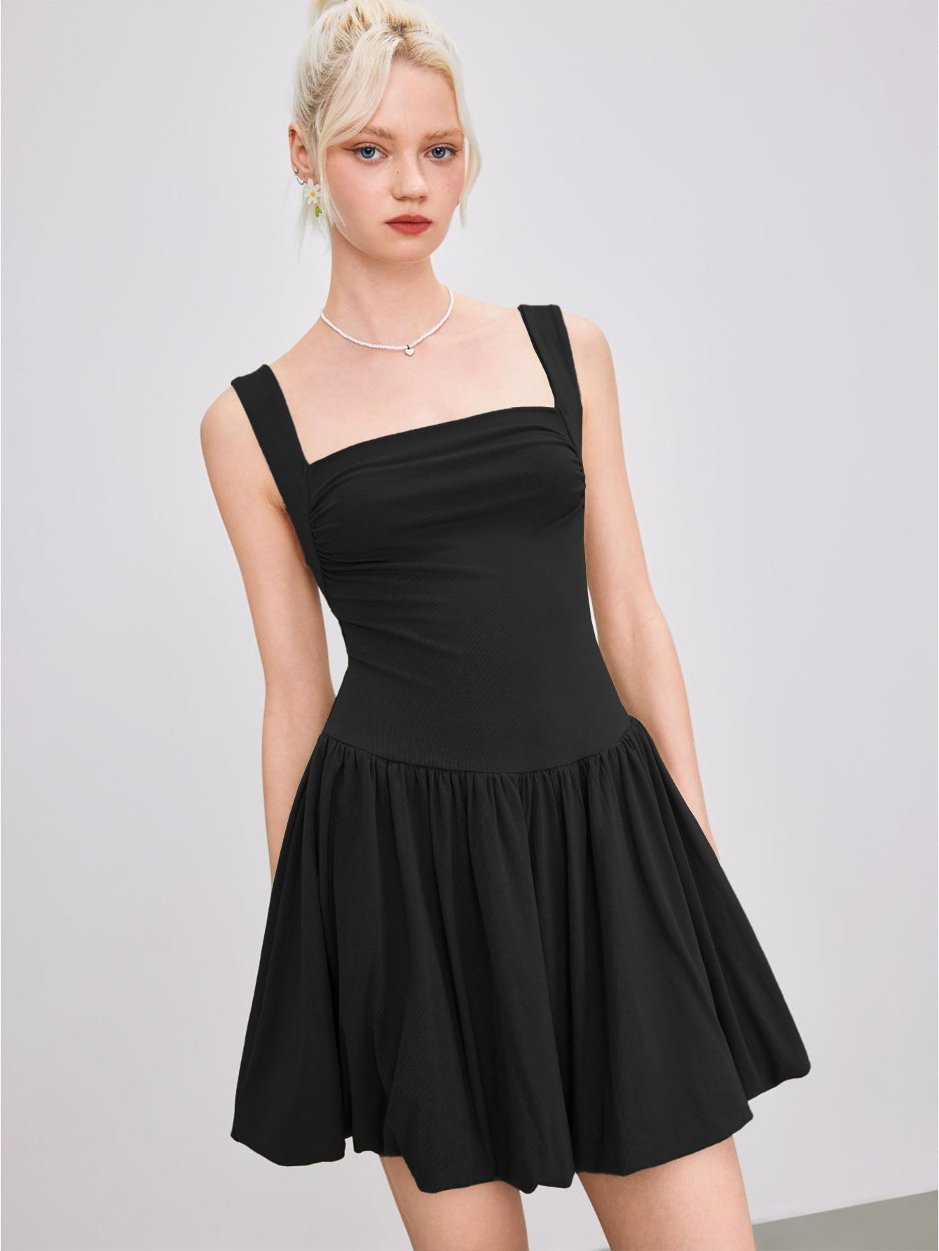 Solid A-Line Mini Dress with Square Neck and Gathered Skirt
