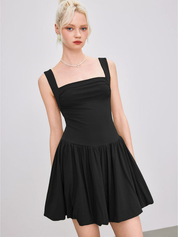 Solid A-Line Mini Dress with Square Neck and Gathered Skirt