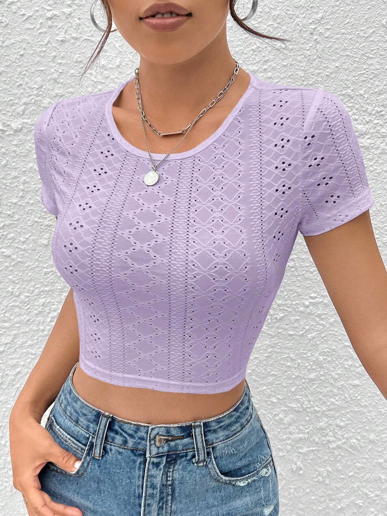 Slim Fit Pointelle Cropped Top with Round Neck