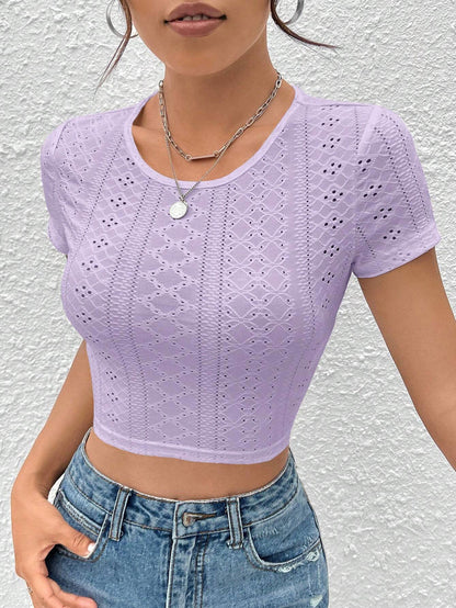 Slim Fit Pointelle Cropped Top with Round Neck