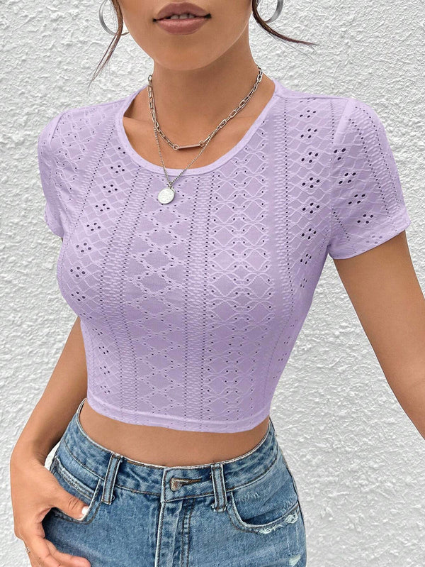 Slim Fit Pointelle Cropped Top with Round Neck