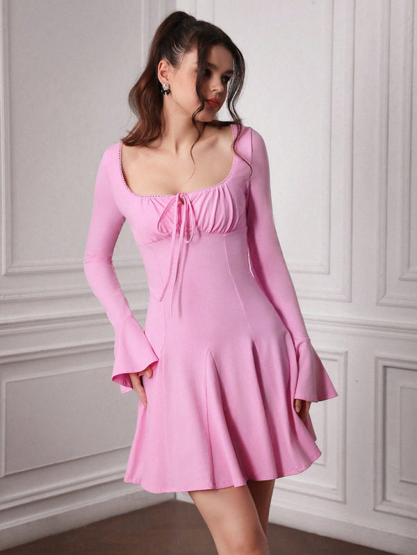 Solid A-Line Mini Dress with Bell Sleeves and Square Neck