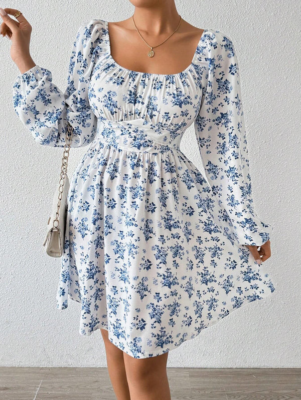 Floral A-Line Mini Dress with Square Neck and Long Sleeves
