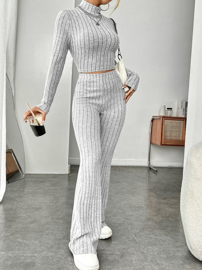 Ribbed Knit Two-Piece Set with Mock Neck and Wide-Leg Trousers
