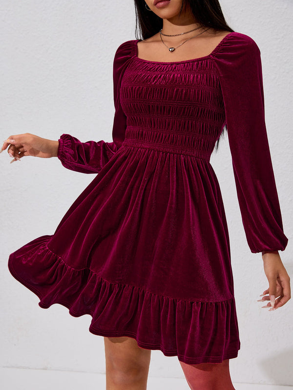 Smocked Velvet Mini Dress with Puff Sleeves and Ruffle Hem