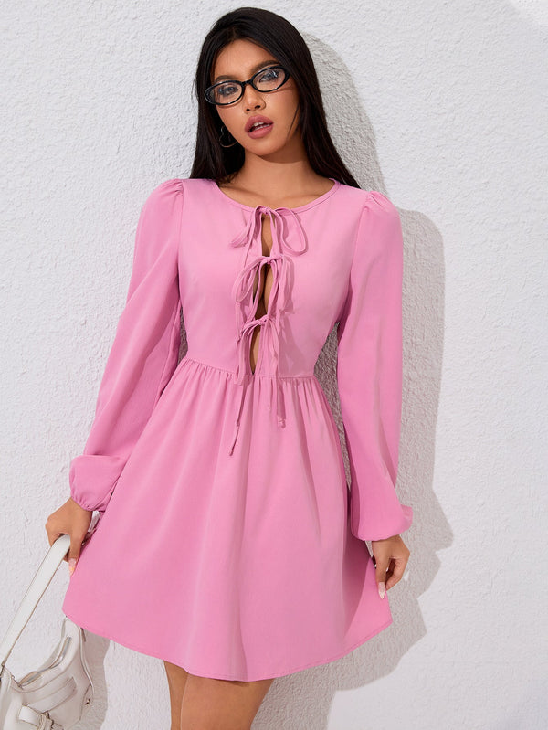 A-Line Mini Dress with Tie-Front Detail and Puff Sleeves