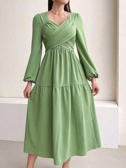 A-Line Midi Dress with Criss-Cross V-Neck and Lantern Sleeves