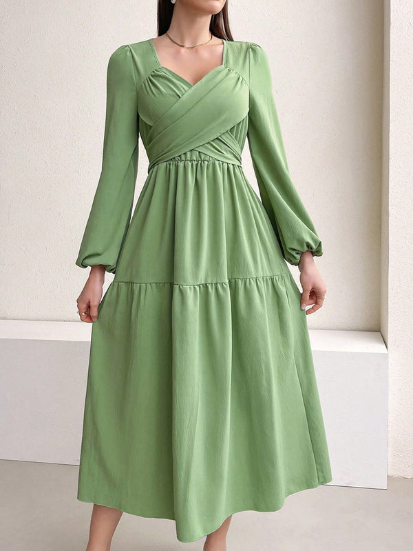 A-Line Midi Dress with Criss-Cross V-Neck and Lantern Sleeves