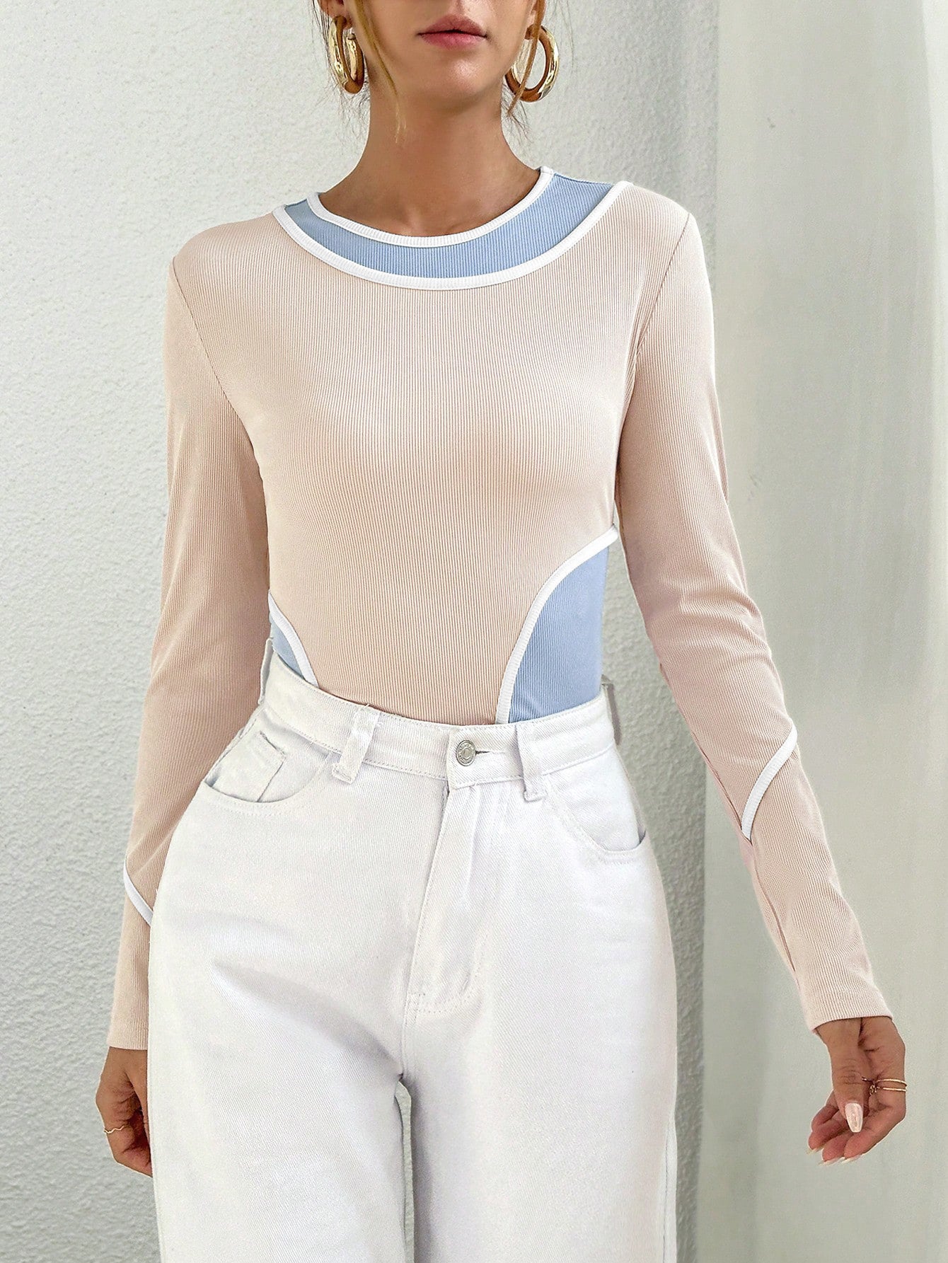 Color-Block Ribbed Long Sleeve Top with Contrast Binding