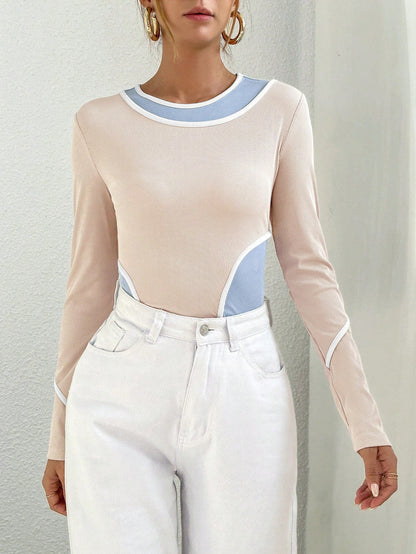 Color-Block Ribbed Long Sleeve Top with Contrast Binding