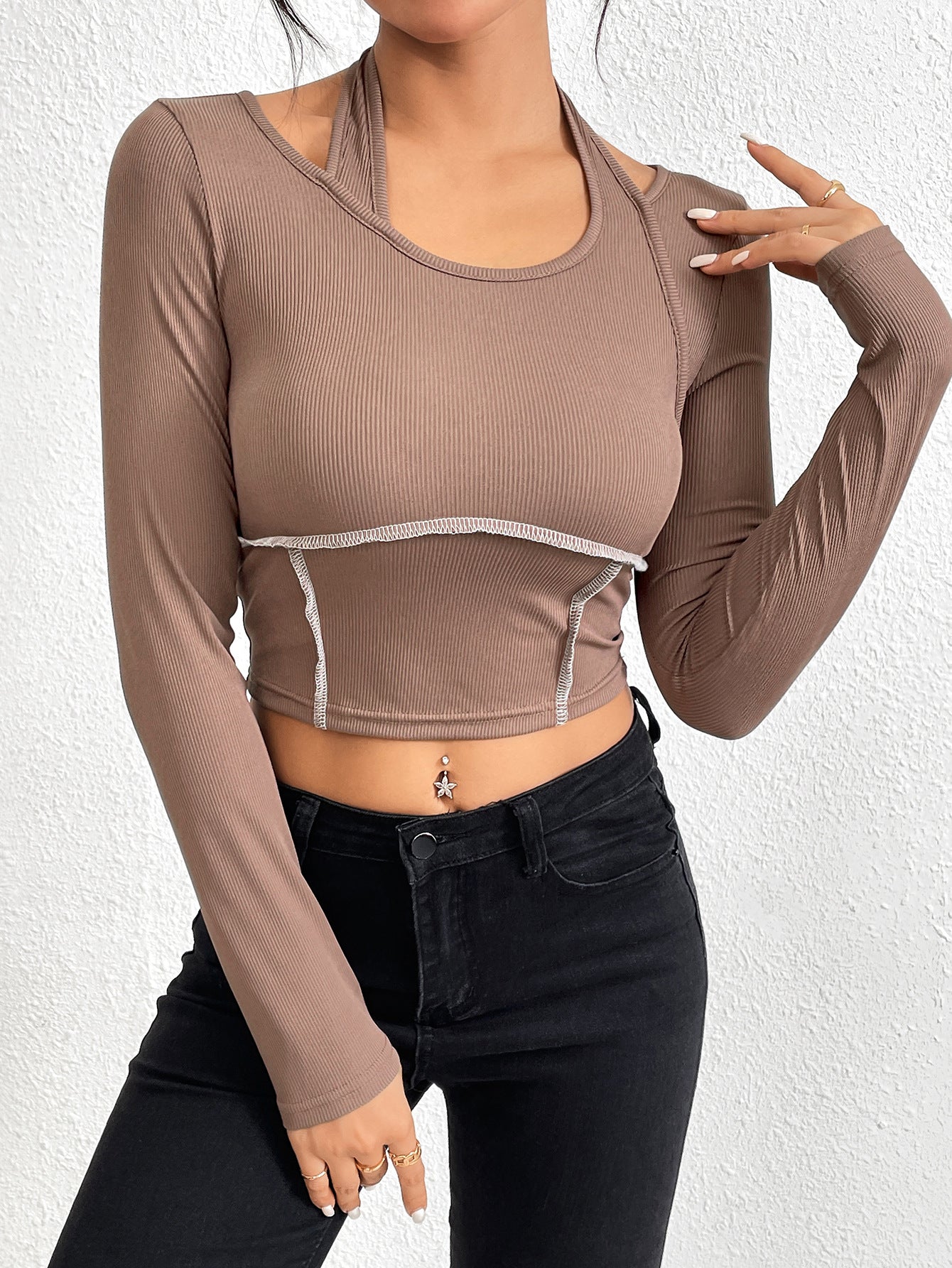 Ribbed Long Sleeve Crop Top with Halter Neck and Contrast Seams