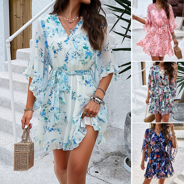 A-Line Floral Mini Dress with Bell Sleeves and Tie-Waist
