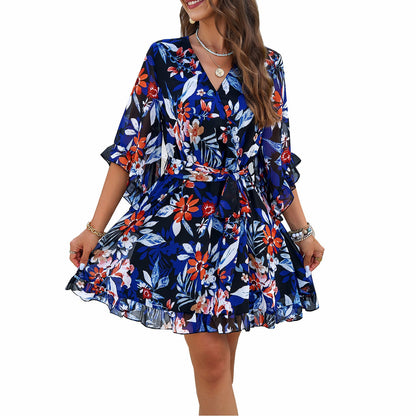 A-Line Floral Mini Dress with Bell Sleeves and Tie-Waist