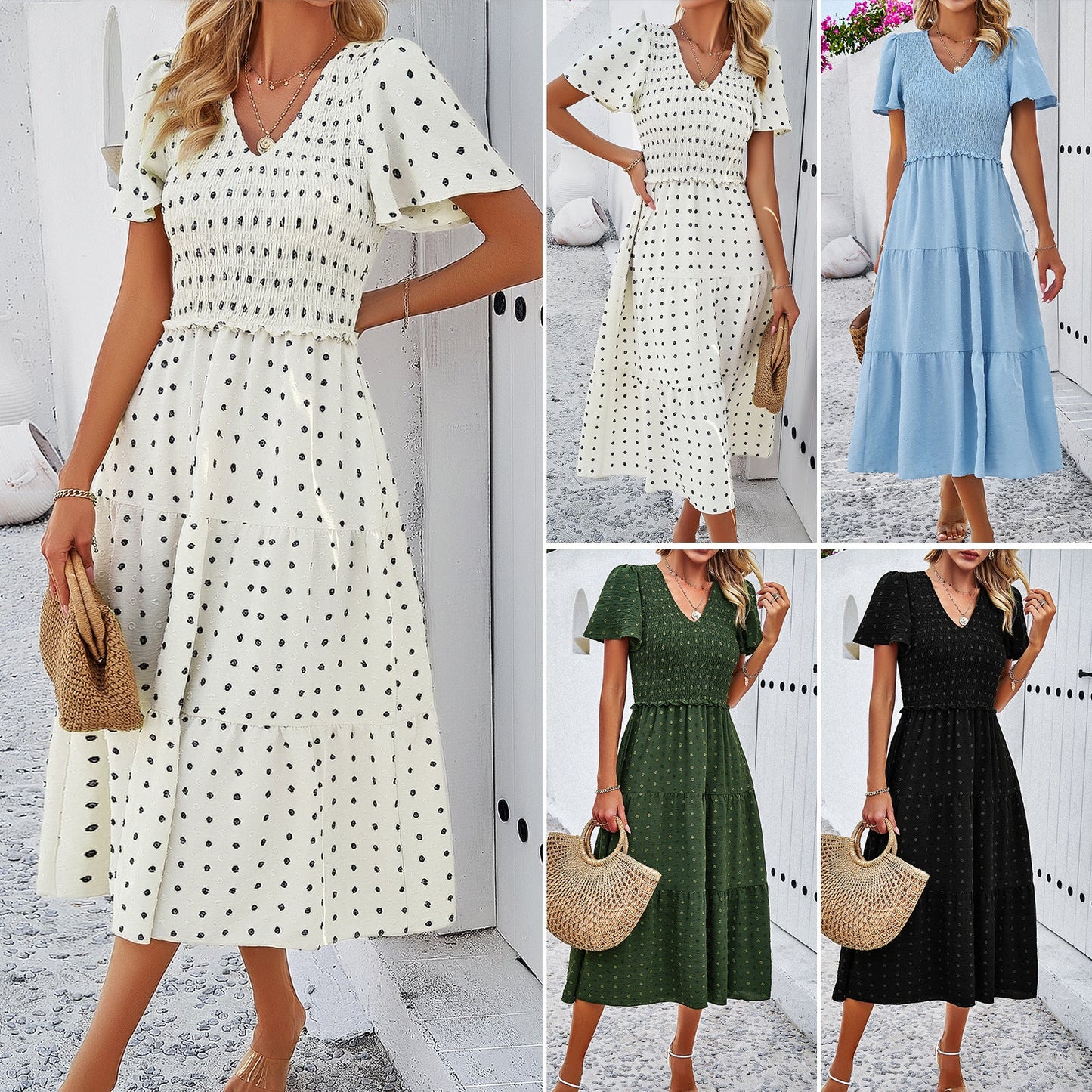 Polka Dot A-Line Midi Dress with Shirred Bodice and V-Neck